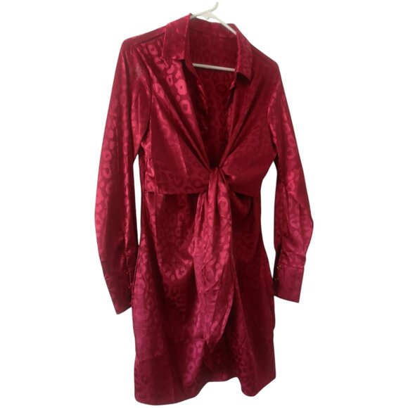 HOST PICK Red Burgundy Leopard Animal Pattern Tie Knot Satin Mini Dress Tunic L - Picture 5 of 11